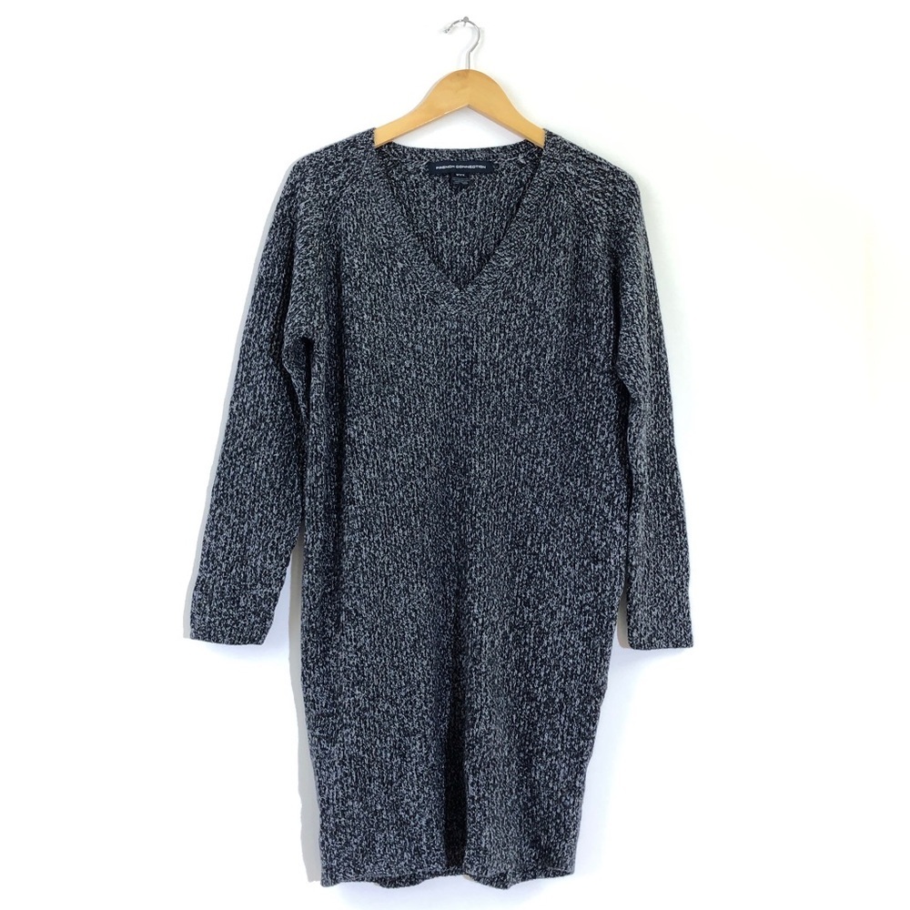 French Connection Black Blue White Marled V Neck Knit Sweater Dress 6